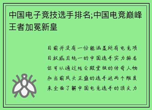 中国电子竞技选手排名;中国电竞巅峰王者加冕新皇